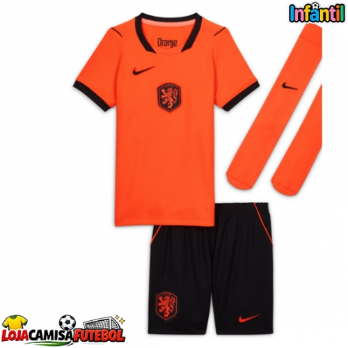 Camisa de Futebol Países Baixos Equipamento Principal Infantil Mundo 2026 Manga Curta (+ Calças curtas)